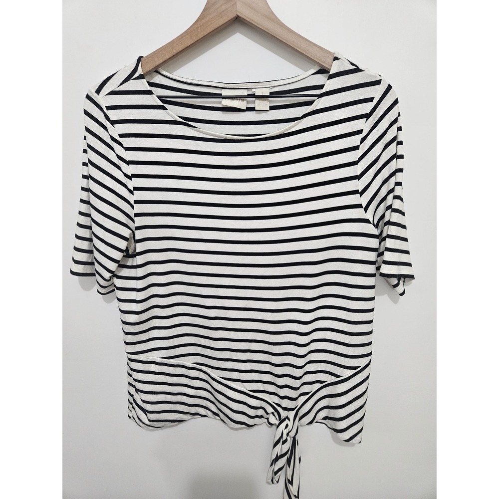 Chicos Black White Striped Front Tie Knot Top Elbow Sleeve Scoop Neck Size 1 M